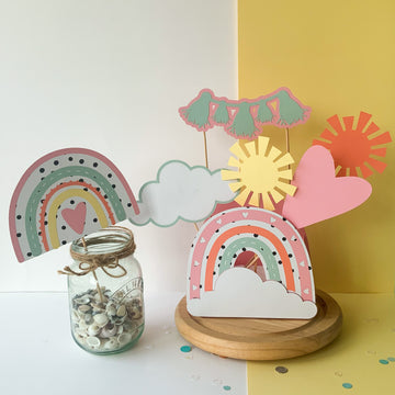 Pinfliers Boho Rainbow Theme Birthday Party Table Decoration, Centerpiece, 1 Pastel Rainbow Paper Box, 6 Small Cut Outs
